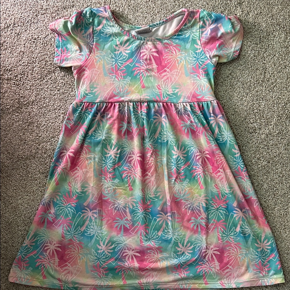 Girls' Pastel Palm Print Short Sleeve Dress